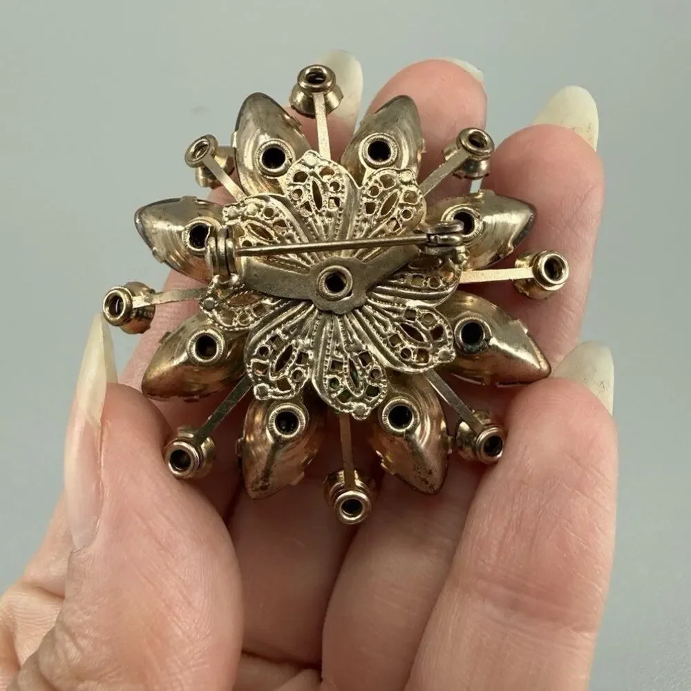 Vintage Pink Satin Glass Flower Brooch AB Rhinestones Petals Gold Tone Floral